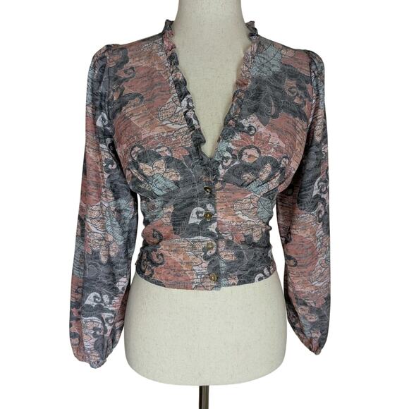 Self Contrast Tops - Self Contrast Corset Crop Top Ruffle Collar Balloon Sleeve Size XS Floral Boho